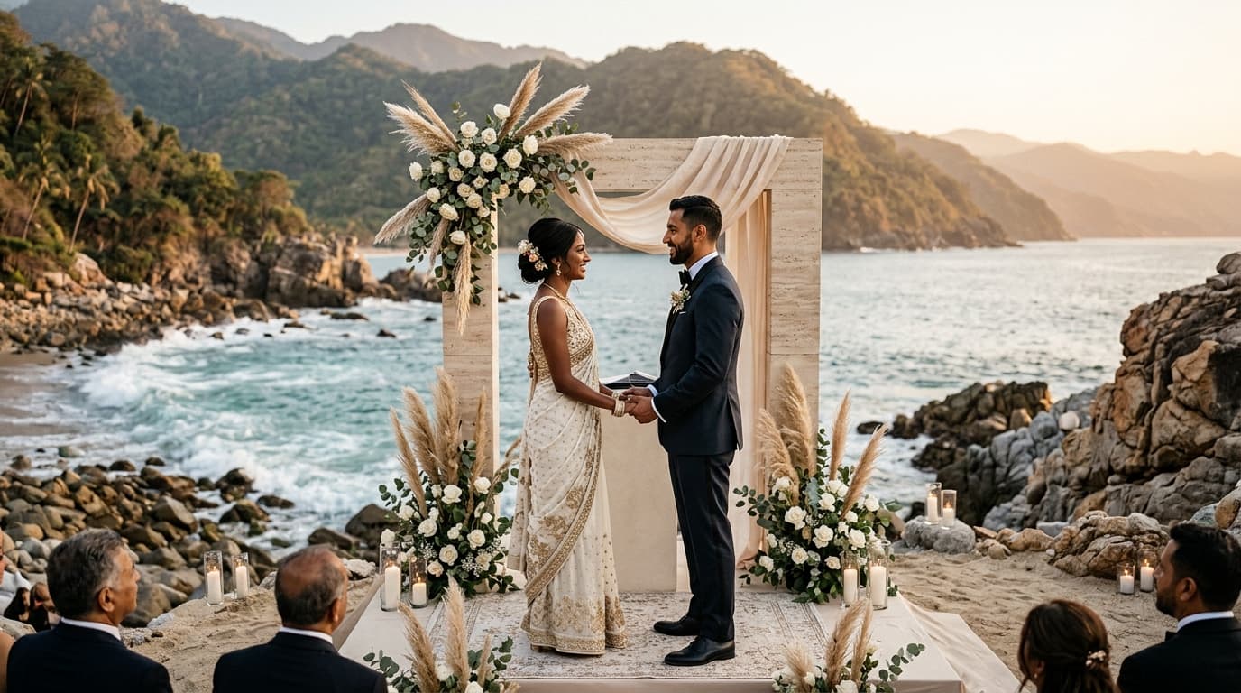 The Quimixto Coastal Cove: Crafting an Architectural Travertine & Raw Silk Vow Renewal in Puerto Vallarta